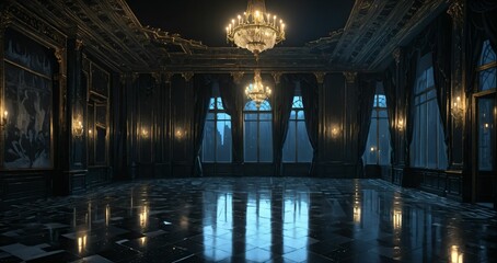 black ballroom room interior of mansion castle palace at night. dark gothic art deco cathedral monastery living room with city view from windows.