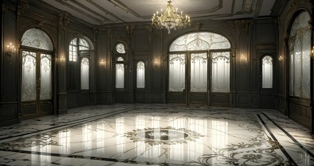 Obraz premium interior entrance door of gothic house palace castle ballroom mansion lobby. white and black art deco art nuevo dark black style with filigree ornamental floral embellishments.. 