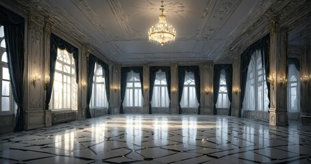 white ballroom corridor of mansion building palace cathedral gothic house at night. art deco art nuevo style with chandelier, windows, curtains, and candles.