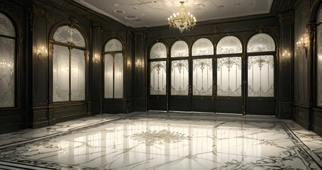 Obraz premium interior entrance door of gothic house palace castle ballroom mansion lobby. white and black art deco art nuevo dark black style with filigree ornamental floral embellishments.. 