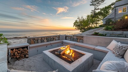 Fototapeta premium Suburban Cape Cod home's beachfront fire pit area, with comfortable seating and built-in storage for firewood and beach blankets