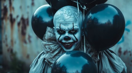 Creepy Clown Holding Balloons.