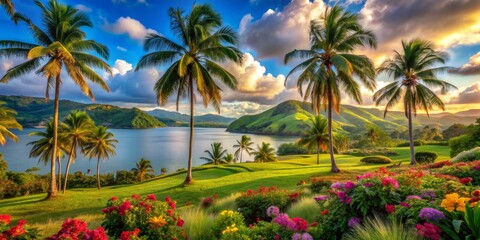 Obraz premium Palm Trees and Sunset over the Bay, Digital Painting, Tropical Landscape, Lush Green Hills, Colorful Flowers, palm trees , sunset
