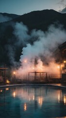 An image of hot springs with mineral baths and steam clouds hovering above them