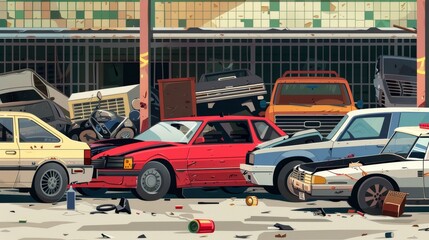 Obraz premium A bunch of old cars are piled up in a junkyard