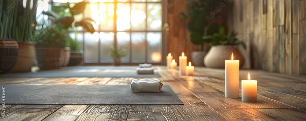 Poster Serene Yoga Studio with Candlelit Ambiance for Relaxation and Mindfulness