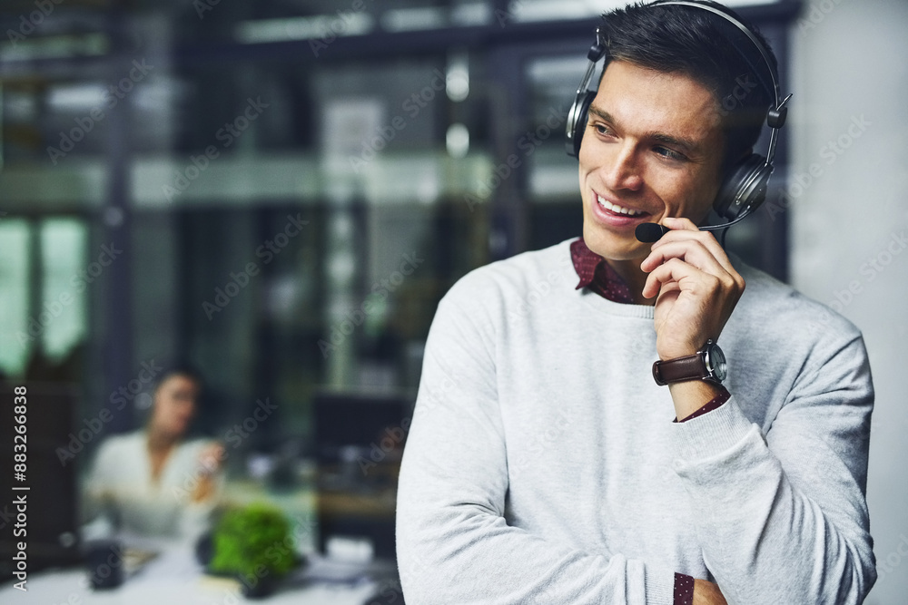 Poster telemarketing, man and consultant with microphone for customer service with communication and faq su