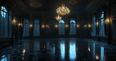 Obraz premium black ballroom room interior of mansion castle palace at night. dark gothic art deco cathedral monastery living room with city view from windows.