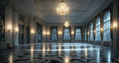 Fototapeta premium white ballroom corridor of mansion building palace cathedral gothic house at night. art deco art nuevo style with chandelier, windows, curtains, and candles.