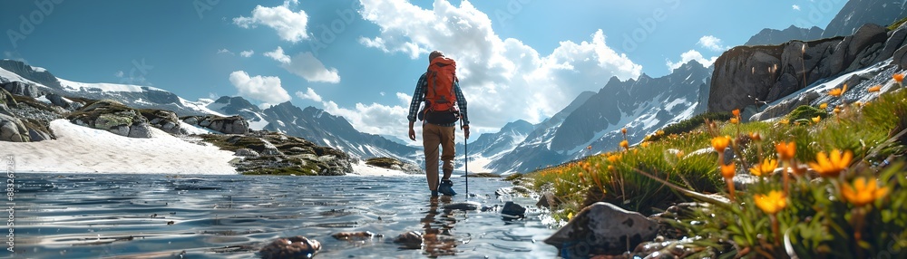 Canvas Prints Hiker Exploring High Altitude Trail with Alpine Flowers and Snow Patches