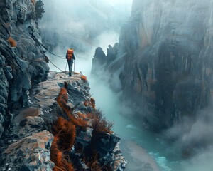 Intrepid Hiker Trekking on Dramatic Cliff Trail with Rugged Mountain Landscape