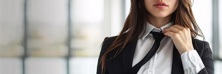 Close-up of a businesswoman adjusting her black tie in a modern office setting, symbolizing professionalism and confidence