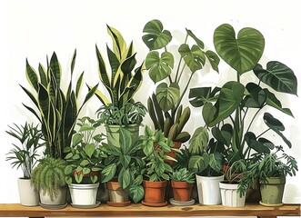 Obraz premium Botanical Shelf Watercolor Plant Collection Verdant Variety: A Hand-Painted Collection of Indoor Plants, Foliage, and Succulents in Terracotta Pots for Home Decor and Garden Design