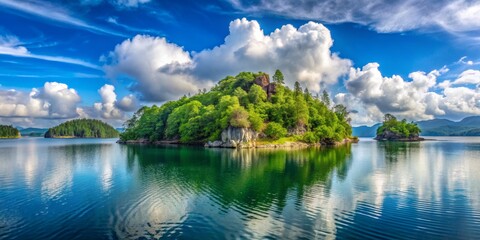 Obraz premium Serene Island Reflections A Panoramic View of a Lush Island with Majestic Clouds, Blue Sky, and a Still Lake, lake, island, nature, sky