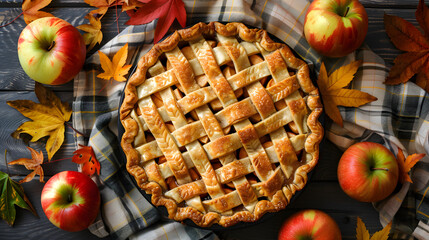 A beautifully baked apple pie with lattice crust, surrounded by fresh apples, autumn leaves. The scene captures the essence of homemade baking and fall season flavors