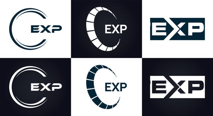 EXP logo. E X P design. White EXP letter. EXP, E X P letter logo design. E X P letter logo design in GOLD, GOLDEN LOGO, THREE, style. letter logo set in one artboard. E X P letter logo vector design.