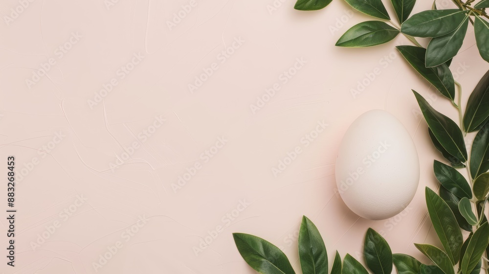 Poster a simple, natural display with a duck egg surrounded by leaves, positioned on the right side of a so