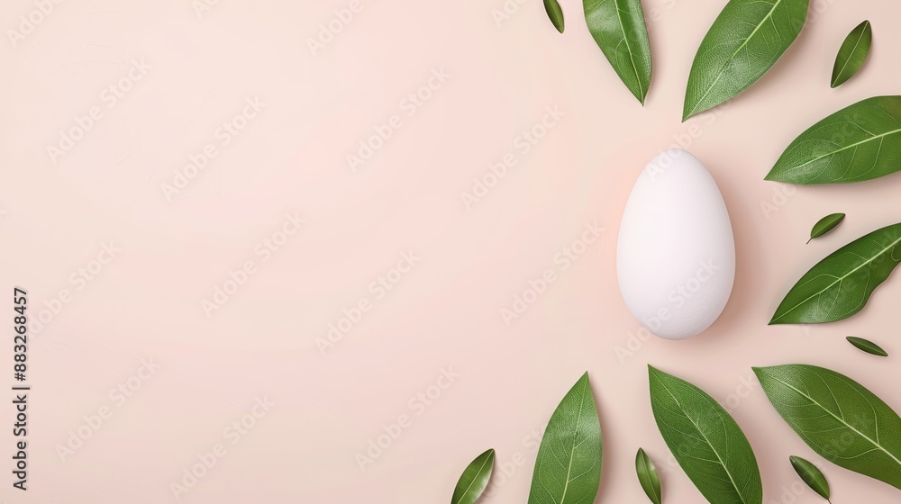 Poster a simple, natural display with a duck egg surrounded by leaves, positioned on the right side of a so