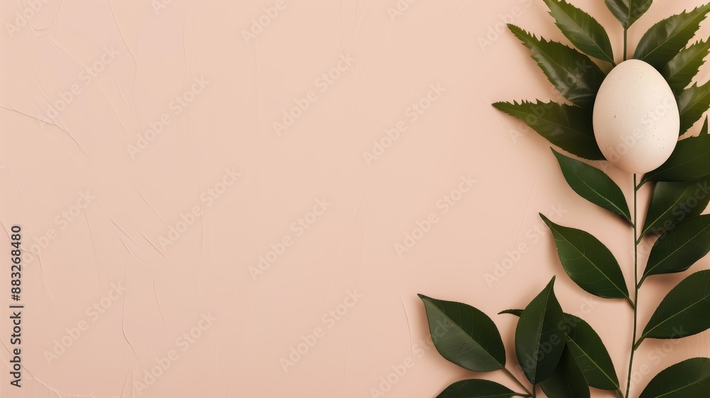 Poster a simple, natural display with a duck egg surrounded by leaves, positioned on the right side of a so