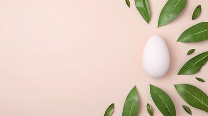 A simple, natural display with a duck egg surrounded by leaves, positioned on the right side of a soft-colored background