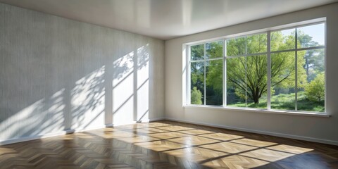 Fototapeta premium Sunlight Streaming Through Window Onto Chevron Hardwood Floor, room interior , interior design , hardwood floor , natural light