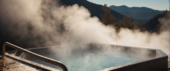 An image of hot springs with mineral baths and steam clouds hovering above them