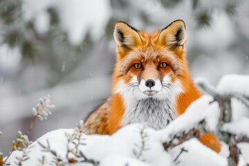 majestic red fox in a snowcovered forest its vibrant fur contrasting against the stark white landscape alert eyes gleaming with intelligence