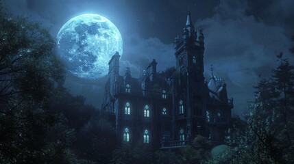 Mysterious Gothic Mansion under a Full Moon.