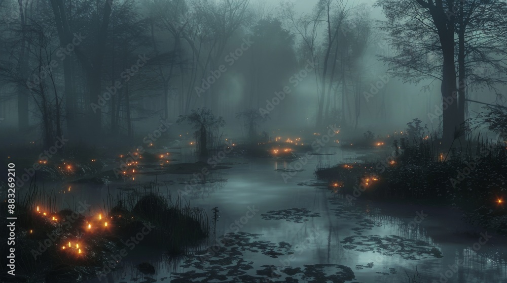 Poster mysterious foggy forest path with lights.