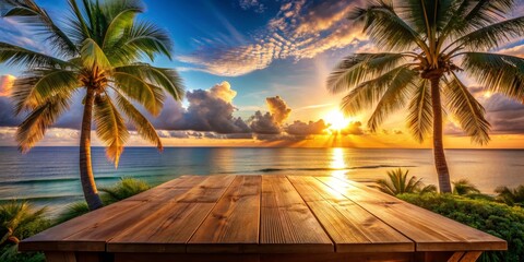 Sunset over the Ocean with a Wooden Table, Tropical Paradise, Palm Trees, Golden Hour, Beach Scene, vacation, travel