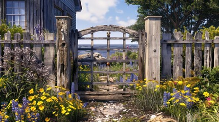 Suburban Cape Cod home's front gate, crafted from weathered driftwood and flanked by wildflowers, creating a welcoming entry point