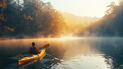 Person kayaking on a calm lake near their campsite, with the morning mist rising and the sun reflecting off the water, showcasing the peacefulness of nature activities