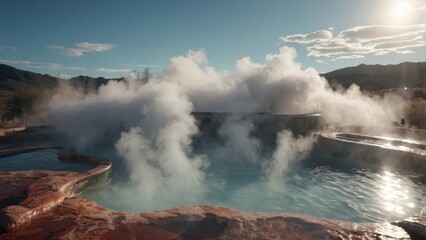 Fototapeta premium An image of hot springs with mineral baths and steam clouds hovering above them