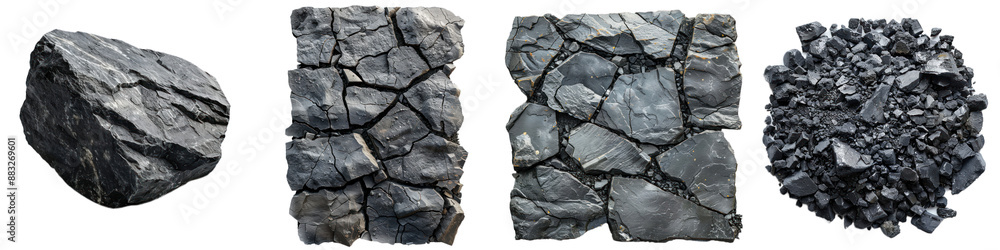 Poster various types of black rock and stone textures arranged in a row, isolated on a transparent backgrou
