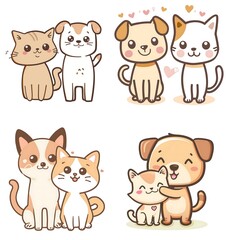 cute kawaii cartoon dog and cat standing together in a clip art style on a white background with a simple design