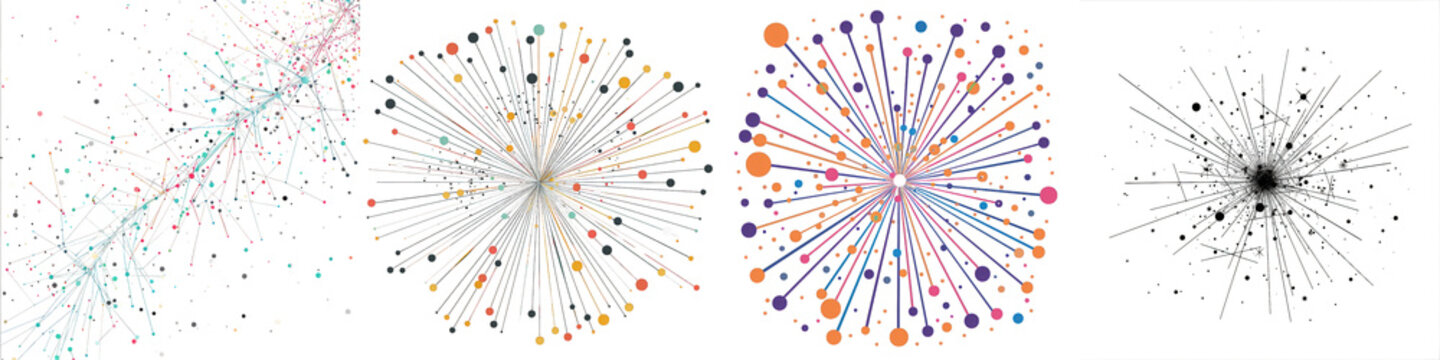 Abstract network visualization showing interconnected nodes and lines in various patterns against a transparent background.