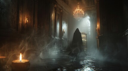Mysterious Figure in a Smoke-Filled Hallway.