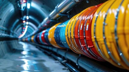 High-tech tunnel featuring colorful cables and advanced infrastructure, showcasing modern engineering and technology.