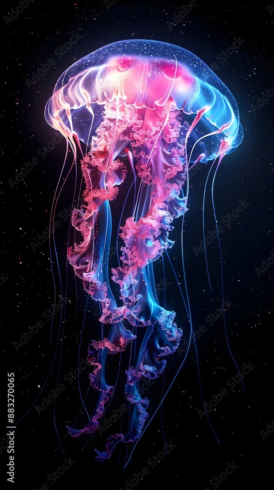 Poster Mesmerizing Neon Jellyfish Glowing in Vibrant Hues Against Dark Background