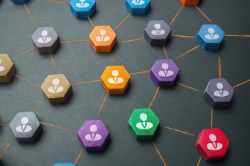 Network of interconnected people. Interactions between employees and working groups. Social business connections. Networking communication. Decentralized hierarchical system of company. Organization
