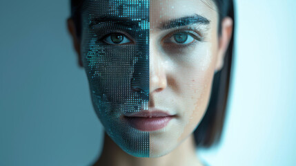 Close-up of a woman's face with digital interface overlay, representing artificial intelligence, technology, and human-machine integration.
