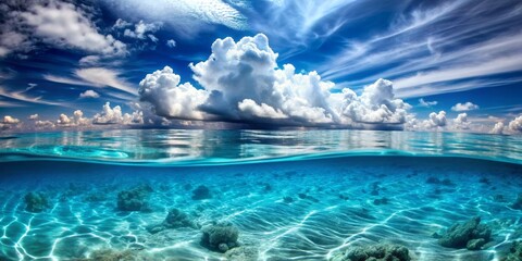 Underwater Paradise  Above and Below the Surface, Digital Art,  Clouds, Ocean,  Underwater,  Seascape,  Nature