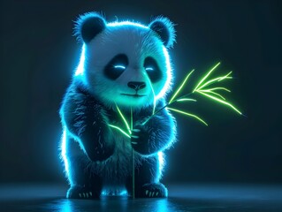 Neon Panda Holding Glowing Bamboo Shoot Against Black Background