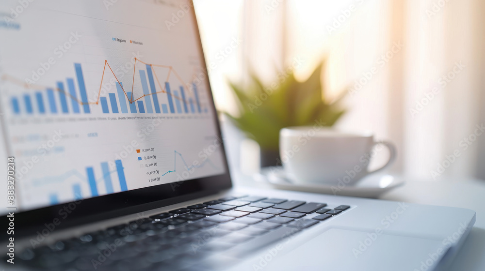Poster laptop displaying financial charts and graphs with a cup of coffee on the side, illustrating data an
