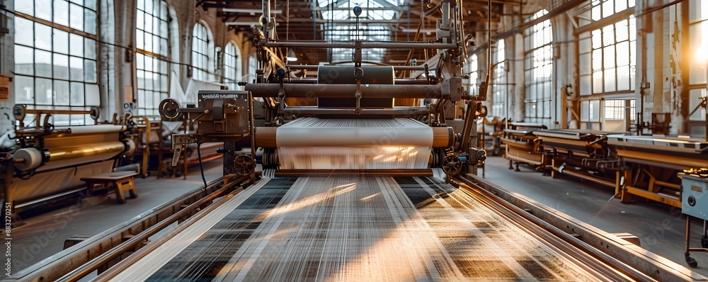 Poster blending old and new technologies in a traditional textile mill with intricate weaving patterns