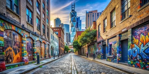 Fototapeta premium Urban Alleyway with Skyscraper View, Cobblestone Street, Graffiti Art, Cityscape, Architecture , urban , alleyway