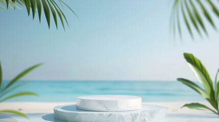 Fototapeta premium Minimalist tropical background with a marble platform in calm blue water and palm leaf, perfect for product display or branding.