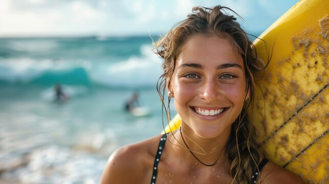 Portrait of young woman with a surfboard at the beach, smiling brightly, capturing the joy and excitement of surfing and beach life. - Powered by Adobe