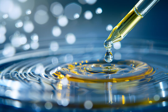 glass pipette dispensing liquid in petri dish, with blurred background. The liquid is golden yellow, scientific and clean environment, ideal for illustrating laboratory or medical themes