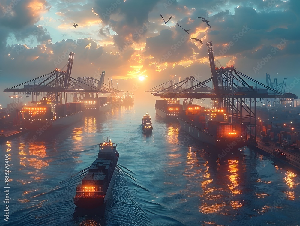 Aufkleber bustling global trade at a container port with cranes loading and unloading cargo ships at sunset